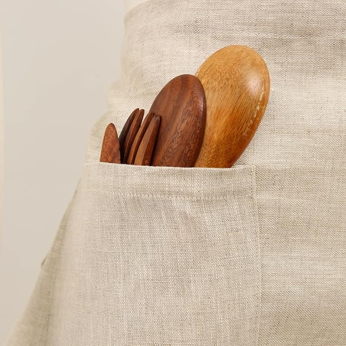 Pure Linen Cross Back Apron Dress, Adjustable Waist & 2 Pockets. Unisex Kitchen & Server Apron, 26.5"x33.5".