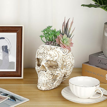 OwnMy Resin Skull Planter for Indoor Plants, White Skull Flower Succulent Pot with Drainage Holes, Halloween Skulls Head Planter Decorative Small Succulents Planters Pot for Tabletop