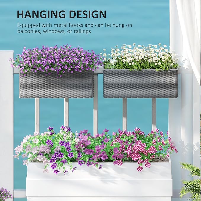 Outsunny Railing Planter Box (2 Pack, 20 Inch), Hanging Flower Pots with Hooks, Drainage Holes for Fence, Balcony, Garden, Patio, Rattan Look, Gray