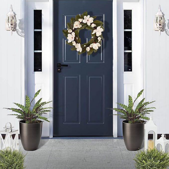 Glitzhome 16.75" H Large Planters for Outdoor Plants, Set of 2 Black Tall Planter with Drainage Holes, Large Flower Pots for Front Porch, Patio, Deck, Faux Brushed Steel Texture Finish