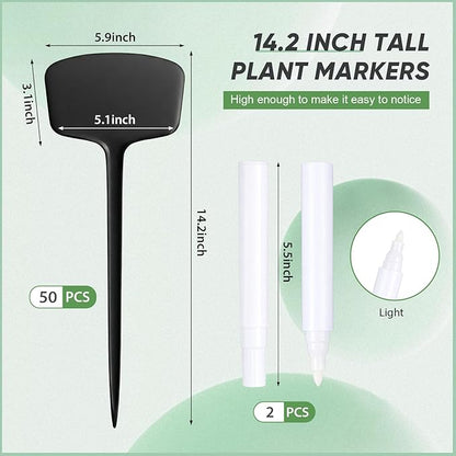 50 Pcs 14.2 Inch Plastic Plant Labels Tags T Type Plant Markers with Pen for Outdoor Indoor Garden Pot Herbs Flowers Vegetable (Black)