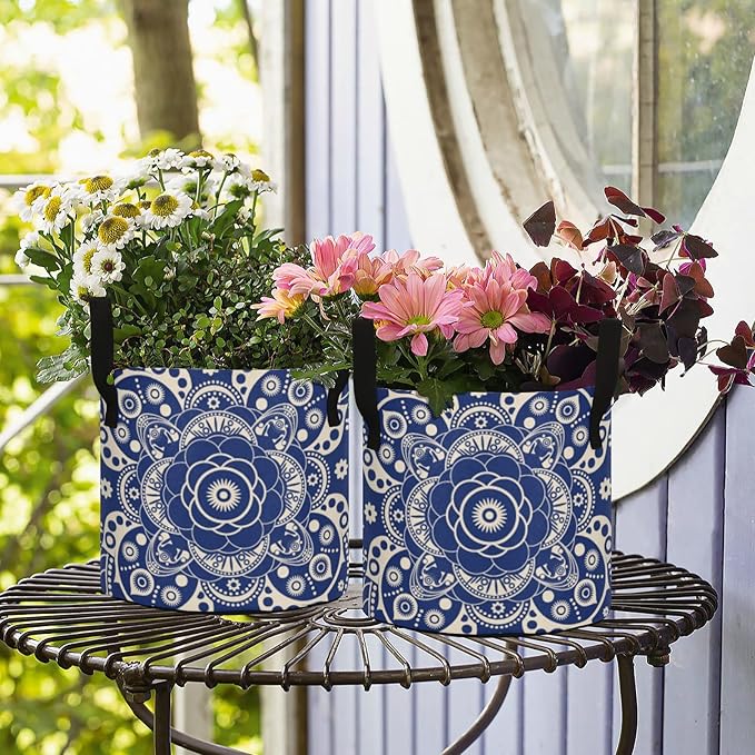 ALAZA Blue Mandala Pattern Plant Grow Bag 10 Gallon,Round Fabric Plants Pots with Handle for Vegetable Flower Garden Home Decor