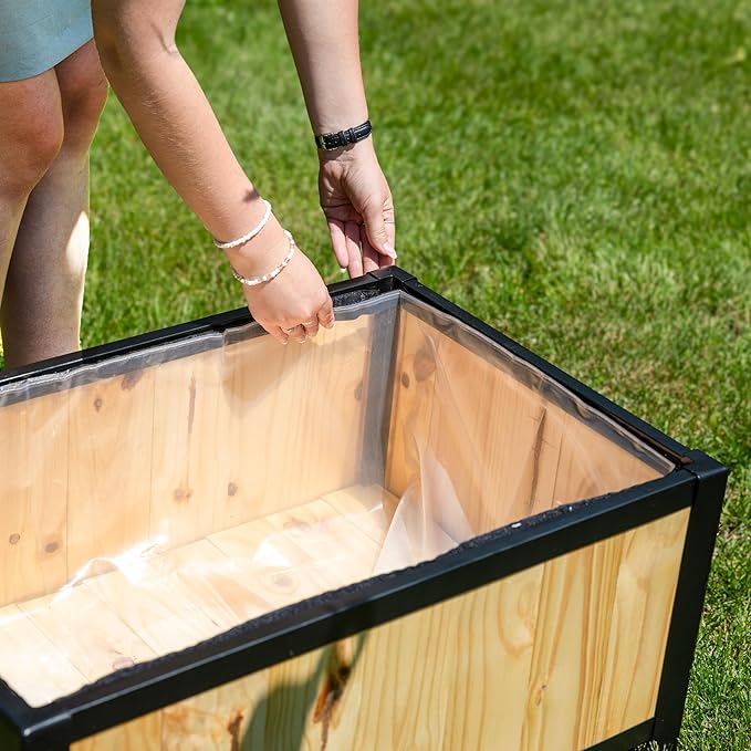 Sunnydaze Steel-Framed Acacia Wood Rectangular Planter Box - 15.5" H Wooden Raised Garden Bed with Removable Planter Bag - Natural