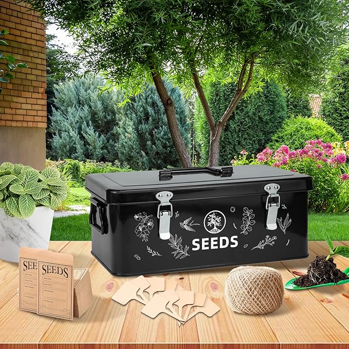 Seed Storage Box, Seed Storage Organizer with Garden String, 30 Seed Envelopes and Bamboo Plant Labels, 4 Compartments Garden Seed Organizer Box with Safety Locks, Black