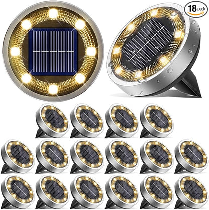 Solar Ground Lights, 18 Pack Flat Solar Light Outdoor Waterproof, Bright LED Solar Disc Lights, 3000K Warm White Landscape Lighting for Outside Yard Garden Pathway Driveway Lawn