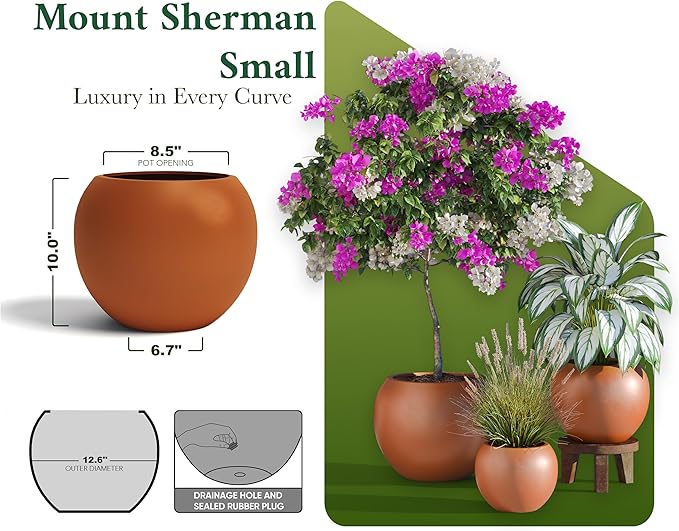DTY Mount Sherman 12.6" D x 10'' H (Pot Opening 8.5") Fiberstone Round Planter with Drainage Hole, Smooth Finishes, Weather Resistant for Indoor and Outdoor, 2 Extra Coco Mats - Terracotta, Small