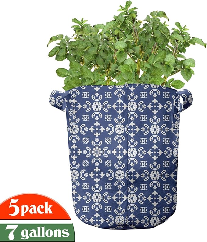 Ambesonne Folk Art Grow Bags 5-Pack, Talavera Tile Like Pattern, Heavyduty Fabric Pots with Handles for Plants, Sky Blue