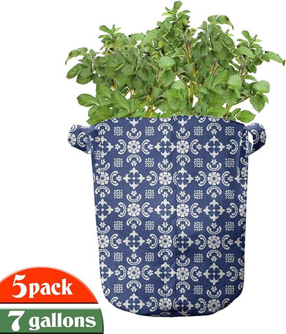 Ambesonne Folk Art Grow Bags 5-Pack, Talavera Tile Like Pattern, Heavyduty Fabric Pots with Handles for Plants, Sky Blue
