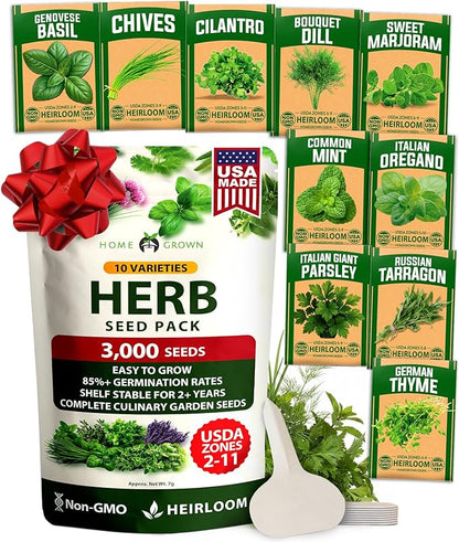 HOME GROWN 10 Herb Seeds for Planting 3,000+ Non-GMO Heirloom Seeds | Extra Large Variety Pack Herb Kit – Indoor Outdoor & Hydroponic | Culinary Seed Set | Grow Your Own Herbs | Gift for Beginners