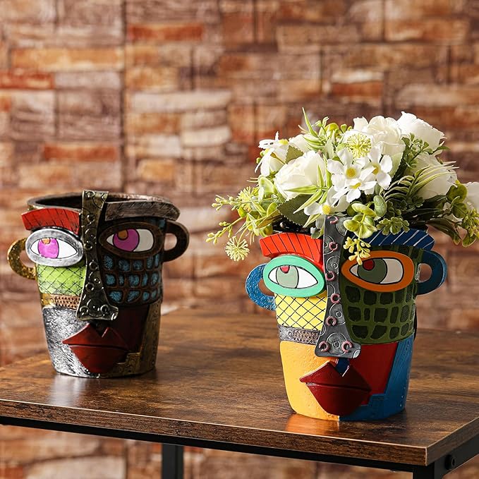 LemonRoad 2 Pcs Abstract Picasso Face Pots Head, Unique Decorative Head Planter with Drainage Modern Mexican Pots for Indoor Outdoor, Funky Gift