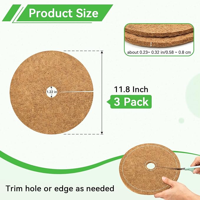 ZeeDix 3 Pack Coconut Fiber Mulch Ring, 11.8 Inch Coco Coir Tree Ring Mulch Mat, 100% Natural Tree Protector Mat Plant Cover Ring Coconut Coir Discs Tree Mats Mulch Rings for Indoor Outdoor Plants