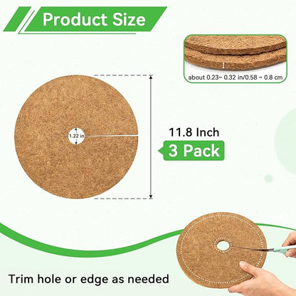 ZeeDix 3 Pack Coconut Fiber Mulch Ring, 11.8 Inch Coco Coir Tree Ring Mulch Mat, 100% Natural Tree Protector Mat Plant Cover Ring Coconut Coir Discs Tree Mats Mulch Rings for Indoor Outdoor Plants