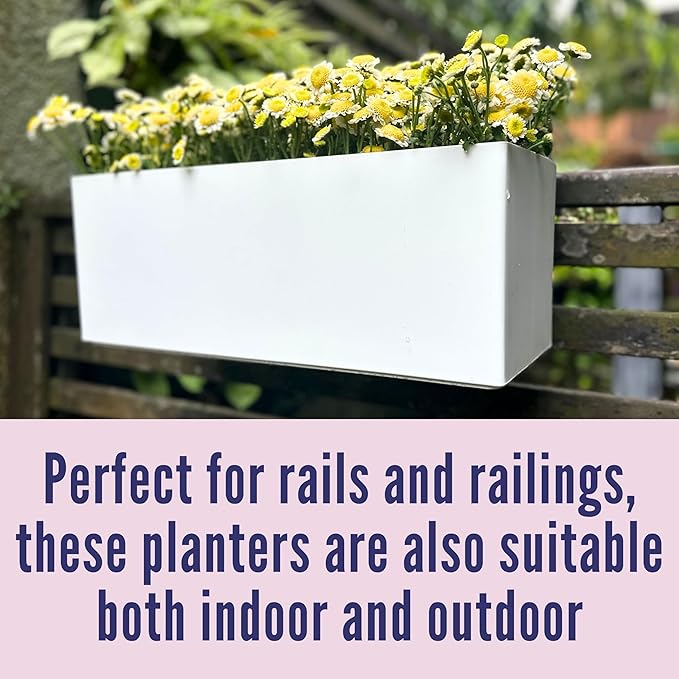 LaLaGreen Railing Planter Box (2 Pack, 14 Inch) White Rectangular Window Flower Boxes with Bracket, Self Watering System Hanging Planters for Outdoor Plant Pot Container Deck Rail Fence Balcony Herb
