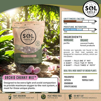 Sol Soils Chunky Orchid Potting Mix - 100% Peat-Free, Lightweight, and Aerated with Coconut Husk, Perlite & Recycled Forest Products for Fast Draining, Healthy Orchids - 1 Quart