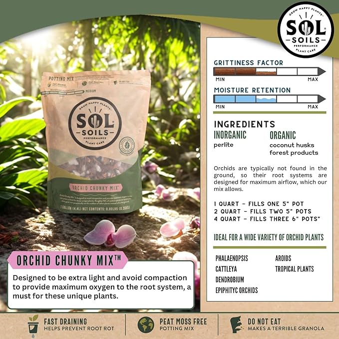 Sol Soils Chunky Orchid Potting Mix - 100% Peat-Free, Lightweight, and Aerated with Coconut Husk, Perlite & Recycled Forest Products for Fast Draining, Healthy Orchids - 1 Gallon