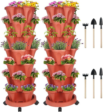DUNCHATY Stackable Planters 7 Tier Vertical Garden Planting Tower Planters Strawberry, Herb, Flower, and Vegetable Planter Indoor Outdoor Gardening Pots with Removable Wheels and Tools, 2 Set