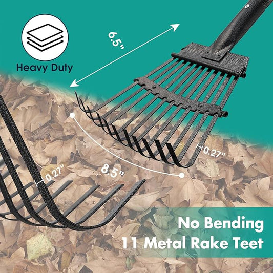 Rake, 60 Inch Long, 11 Tines Small Metal Garden Rake for Leaves, Heavy Duty 9 Inch Wide Rakes for Lawns, Yard Leaf Rakes for Gardening , Flower Beds, Shrub, Kid