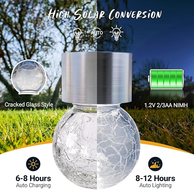 GIGALUMI 8 Pack Solar Hanging Lights, Multi-Color Changing Cracked Glass Hanging Ball Outdoor Lights with Waterproof Solar Lanterns for Garden, Yard, Patio, Lawn