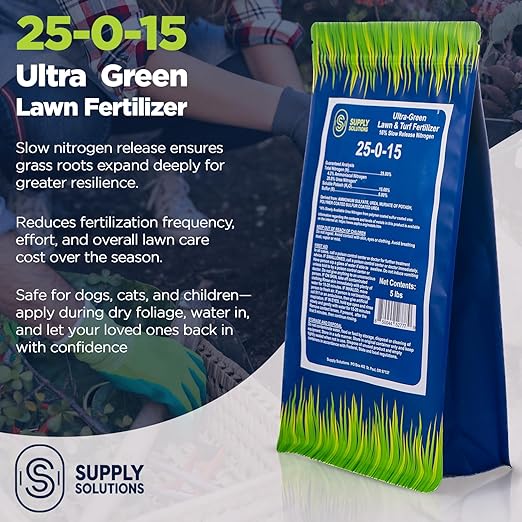 Supply Solutions 25-0-15 Ultra Green Lawn and Turf Fertilizer - 16% Slow Release Nitrogen - Promotes Lush, Green Lawns and Strong Root Growth, Reduces Mowing Frequency (5 Pounds)