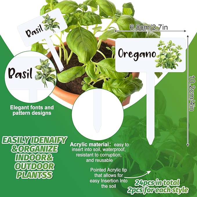 JarThenaAMCS 24Pcs Acrylic Plant Label Signs 12 Styles T-Type Herb Garden Markers Waterproof Reusable Plant Stake Tags with Names for Spring Summer Nursery Indoor Outdoor Garden Decoration