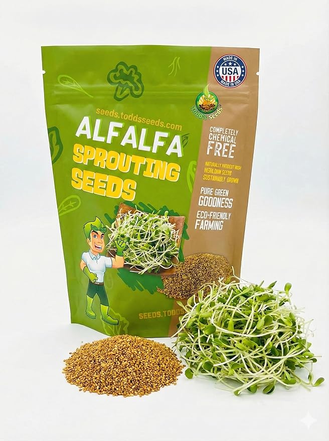 Todd’s Seeds - Alfalfa Seeds - 16 Oz Bulk Alfalfa Sprouting Seeds - Resealable Bag - Highest Germination - Non-GMO, Chemical Free (Better than Organic!) - Perfect for Home Gardening and Healthy Eating