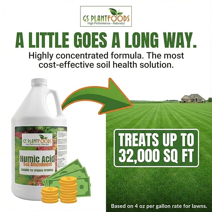GS Plant Foods Humic Acid Soil Amendment – Leonardite-Derived Liquid Concentrate for Improved Soil Structure & Nutrient Availability – OMRI Listed for Organic Use – 1 Gallon