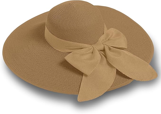 Women's Wide Brim UPF 50+ Straw Sun Hat with Bow - Foldable Packable Summer Beach Hat with Chin Strap