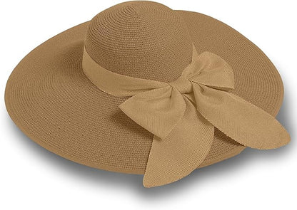 Women's Wide Brim UPF 50+ Straw Sun Hat with Bow - Foldable Packable Summer Beach Hat with Chin Strap