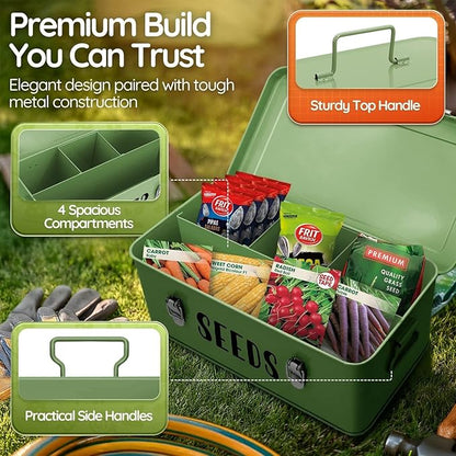 Flexzion Seed Saving Box - Metal Seed Storage Organizer Box with Lid, 4 Spacious Compartments Storage Bin for Garden Tools & More with Safety Locks, Green