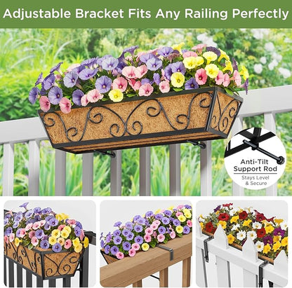 Y&M 24 Inch Window Deck with Coco Liner, Fence Metal Hanging Flower Planter Window Basket Deck Railing Planter Boxes for Outdoor Garden Lawn-Butterfly,4pcs