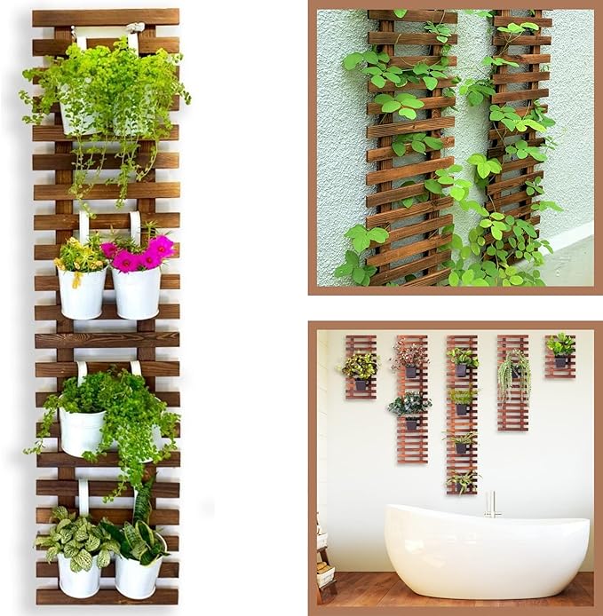 ShopLaLa Wall Planter for Climbing Plants Outdoor - Wooden Hanging Living Vertical Garden Outdoor Indoor Plant Stand Large Tall Long Ladder Vinyl Plant Hanger for Hanging Flower Pots 59" (150cm)