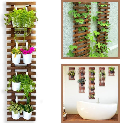 ShopLaLa Wall Planter for Climbing Plants Outdoor - Wooden Hanging Living Vertical Garden Outdoor Indoor Plant Stand Large Tall Long Ladder Vinyl Plant Hanger for Hanging Flower Pots 59" (150cm)