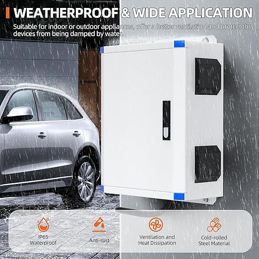 Joinfworld Outdoor Electrical Box 19.7"x15.7"x7.9" Metal Waterproof Vented Nema Enclosure with 12V Fan, Stainless Steel Junction Box with Cold Rolled Steel Plate Hinge Connection Din Rail