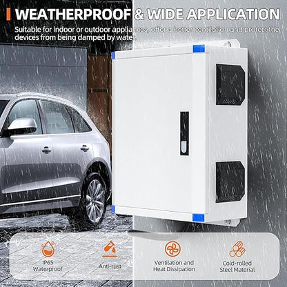 Joinfworld Outdoor Electrical Box 19.7"x15.7"x7.9" Metal Waterproof Vented Nema Enclosure with 12V Fan, Stainless Steel Junction Box with Cold Rolled Steel Plate Hinge Connection Din Rail