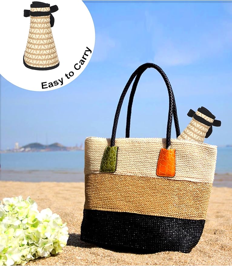 Womens Beach Straw Sun Hats Ponytail Hole Wide Brim Summer Visor Foldable Hat Sun Protection Packable for Travel Pool