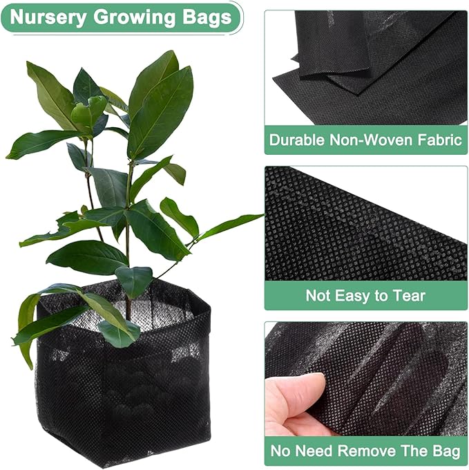 100-Pack Nursery Growing Bags, 5.3" x 5.9" Non-Woven Plant Nursery Bags, Fabric Seeding Pots Pouch for Seed Starting/Soil Transplant/Home Garden Supply [Black]