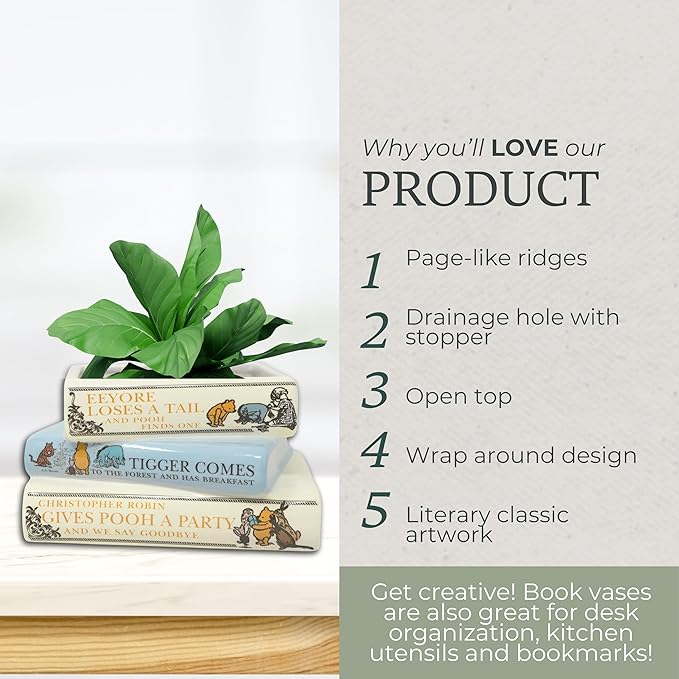 Steel Mill & Co Original Small Book-Shaped Decorative Planter, Ceramic Planter for Home Decor, Cute Bookshelf Decor, Unique Planter for Book Lovers, The House at Pooh Corner