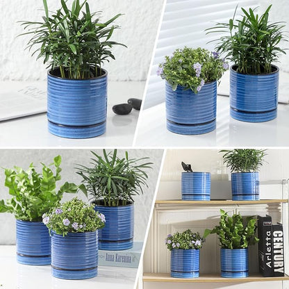 HASENSE Ceramic Plant Pots, 4.6 Inch Succulent Flower Pots for Indoor Plants, Modern Glaze Planter with Drainage Hole and Saucer, Blue Mini Windowsill Tabletop Decor, Set of 4