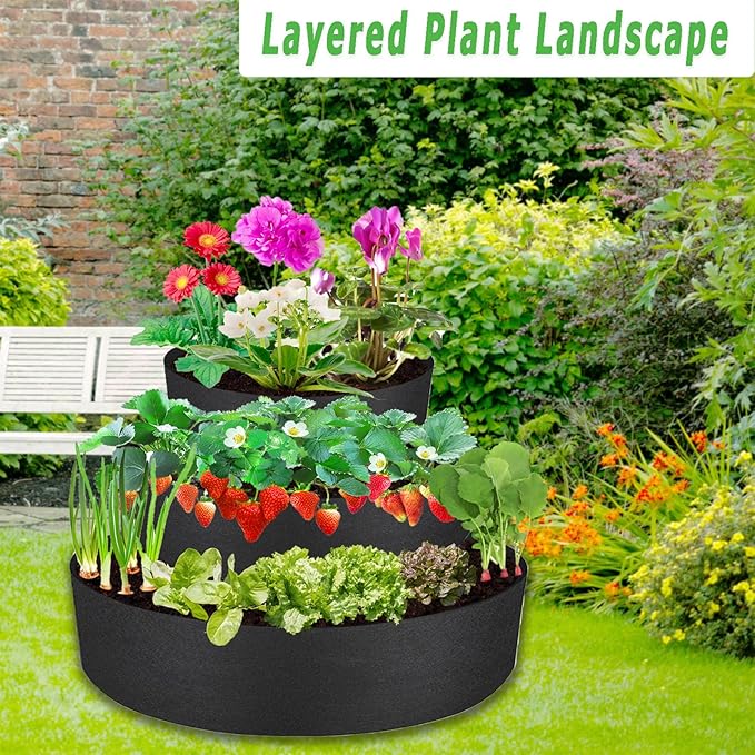 3 Tiered Strawberry Planter, Fabric Raised Garden Bed Non-Woven Laddered Planter Bag 8 Inch Deep Round Felt Planting Container for Growing Vegetables Herb Plant (3 Tiered)