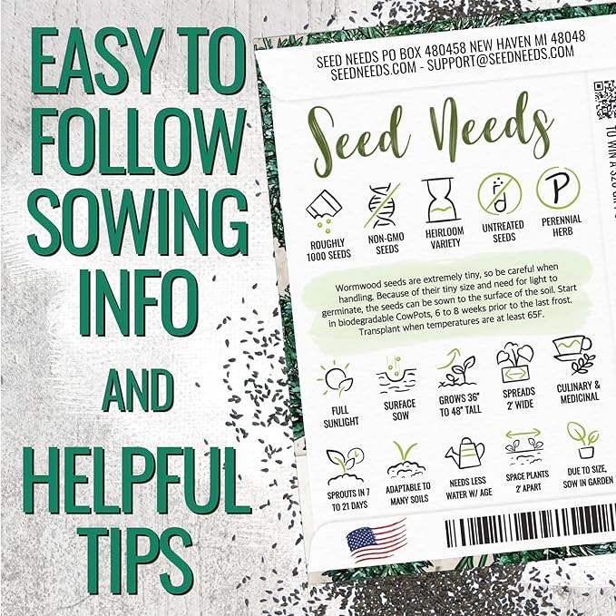 Seed Needs Wormwood Seeds for Planting - Non-GMO, Heirloom & Untreated Perennial Herb - Medicinal Herbs for Digestion & Gut Health (2 Packs)