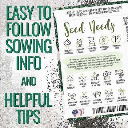 Seed Needs Wormwood Seeds for Planting - Non-GMO, Heirloom & Untreated Perennial Herb - Medicinal Herbs for Digestion & Gut Health (5 Packs)