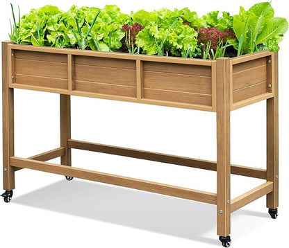 DWVO 47x18x31in Raised Garden Bed HDPE, Weather-Resistant Poly Wood Planter Box Stand, Planter Box with Legs & Lockable Wheels, Elevated Garden Bed for Backyard Patio Balcony - Brown