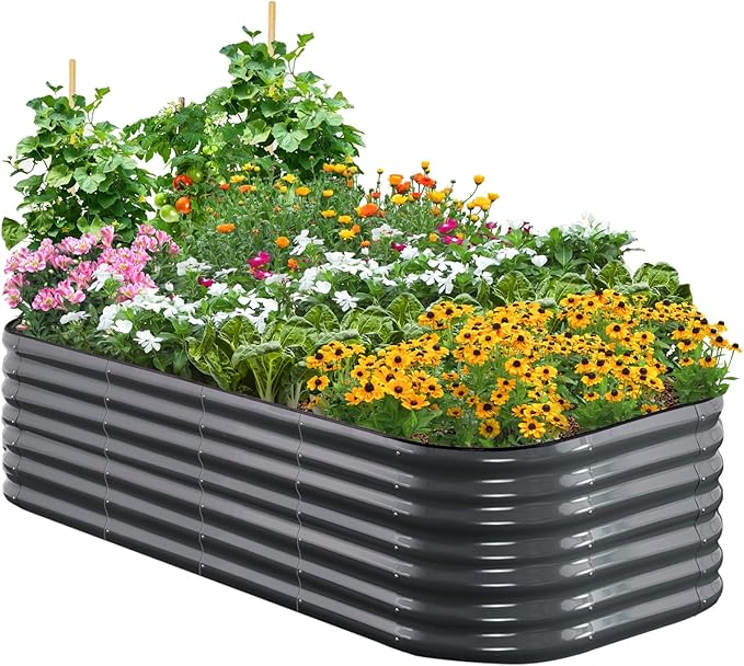 Quictent Galvanized Raised Garden Bed Kit, 6x3x2 ft Oval Metal Planter Box Tall for Vegetables Outdoor Backyard, Strengthened by Crossbar, Dark Gray