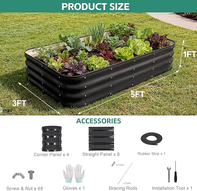 4 in 1Galvanized Raised Garden Bed - 5x3x1ft Modular Garden Planter Bed Outdoor | Steel Raised Bed Kit with Bracing Rods, Gloves for Gardening Vegetables Fruits and Flowers - Gray