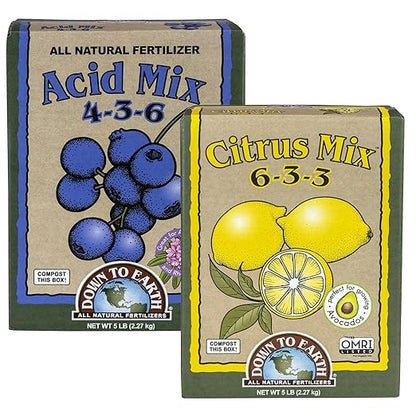 Down To Earth Citrus Mix 6-3-3 & Acid Mix 4-3-6 Fertilizer Bundle | Organic Plant Food for Citrus, Blueberries & Acid-Loving Plant | Nutrient-Rich Soil Amendment for Garden & Potted Plants | 5 lb Each