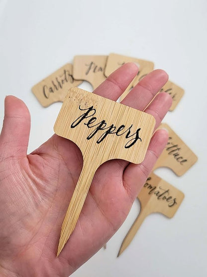 10Pcs Vegetable Garden Markers Set, Hand Lettered Bamboo Plant Label Stakes, Wood Garden Tags Outdoor & Waterproof, Gardener Father's Day Gift (Vegetables)