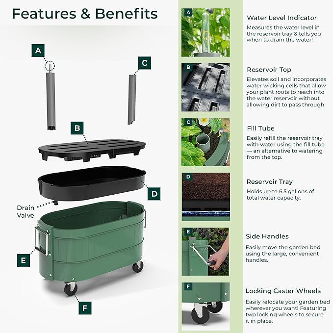 Permasteel Self-Watering Garden Bed, Rolling Planter for Vegetables, Flowers, Herbs, and Fruit, Outdoor Indoor, Caster Wheels, Sage