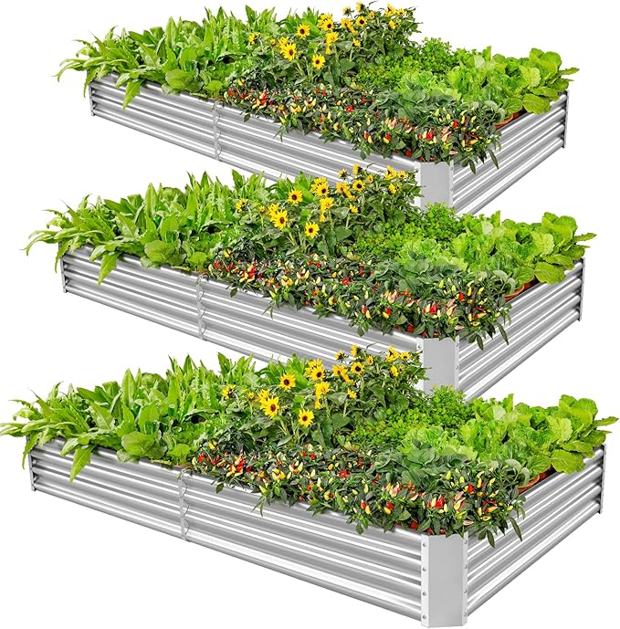 Land Guard 3 Pack 8×4×1ft Galvanized Metal Raised Garden Bed, Metal Planter Kit Box Outdoor for Deep-Rooted Vegetables, Flowers, Green and Herbs, Silver
