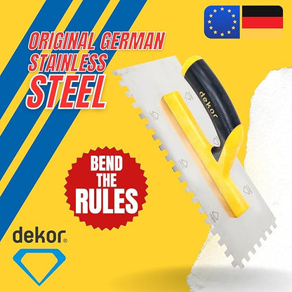 DEKOR Notched Trowel - 18" x 4.75" - Square Notch 5/16" - German Stainless Steel - Tile Tools, Concrete and Drywall Trowel, Made in Europe for DIY & PRofessional Use (Plastic Handle)