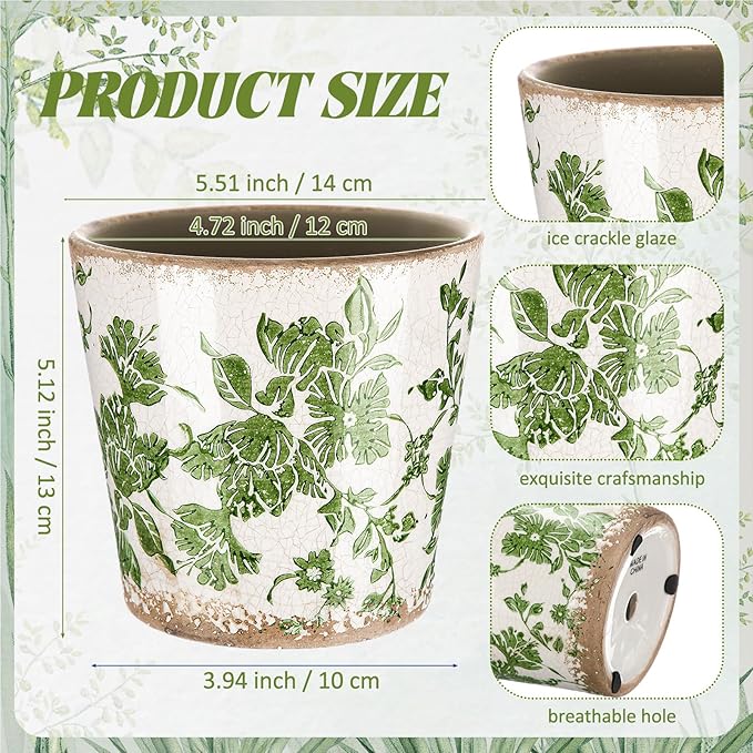Farmhouse Ceramic Planter 5.5 Inch Large Plants Pot Ice Crack Beige Green Flowers Plant Pots with Drainage Hole Indoor Plants Kitchen Rustic Antique Decor Gift